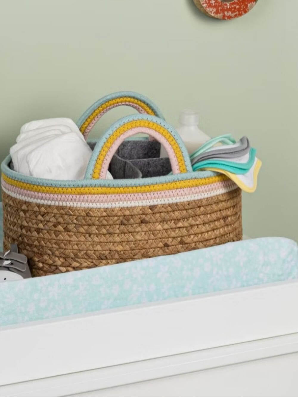 Woven Rope Basket Tote with Pastel Rainbow Trim